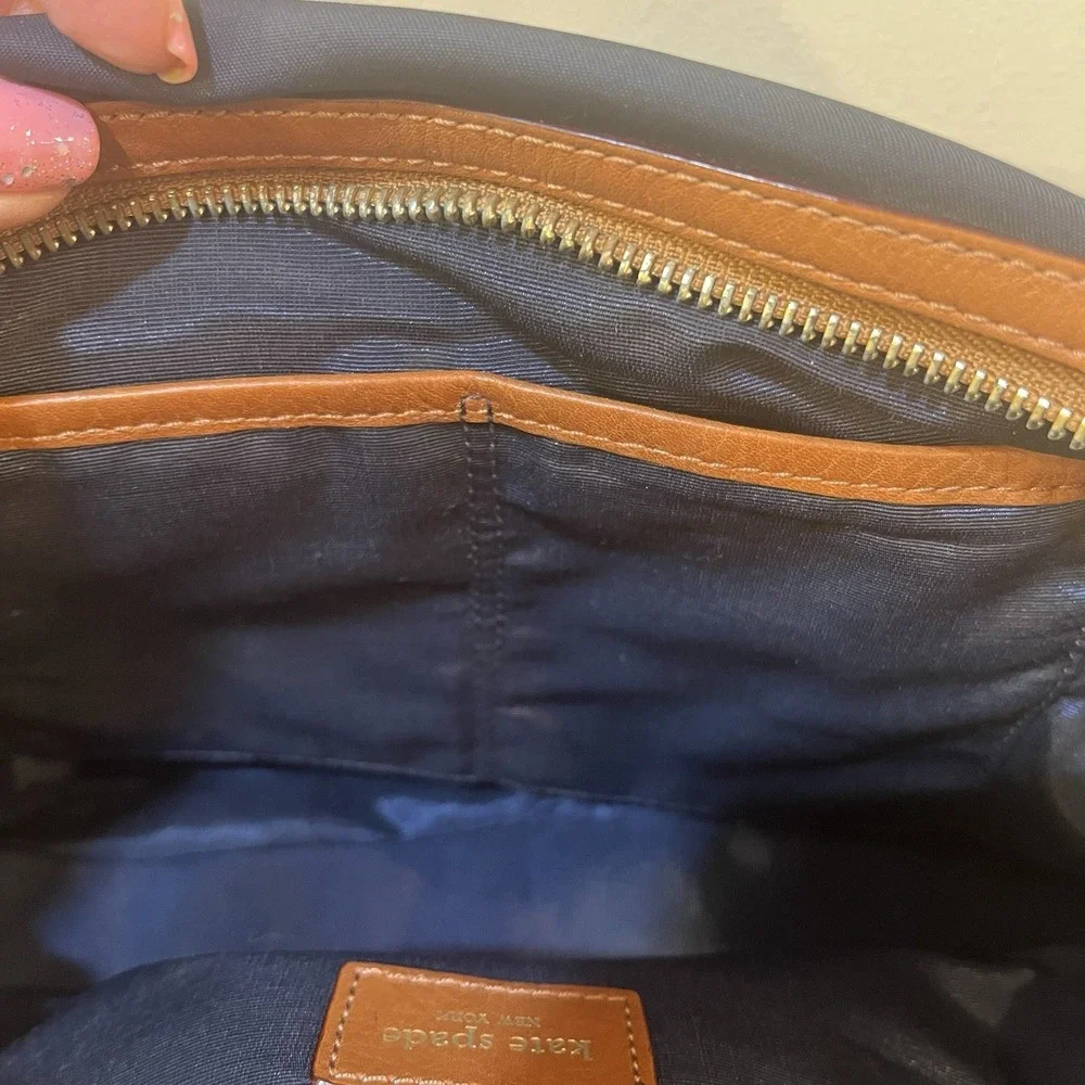 Kate Spade NY Navy Nylon Satchel Brown‎ Leather Trim Mini Bowler Top Handle Bag